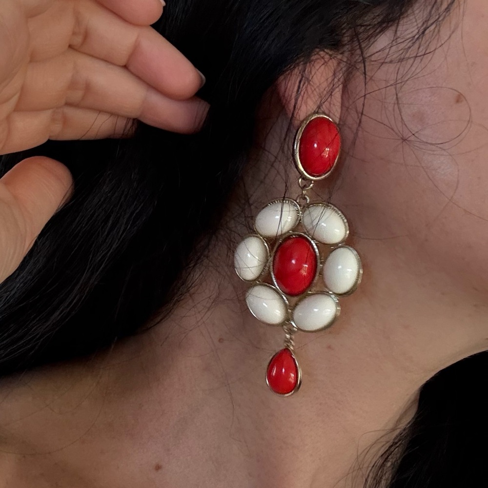 Vintage Statement Red and Cream Drop Earrings - Picture 2 of 3